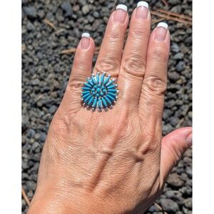Zuni Ring Turquoise Cluster Genuine Native American Handmade Jewelry Adj 8-11 **